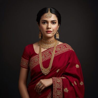 Exquisite Nepalese Red Silk Bridal Saree with Gold Zari & Auspicious Motifs