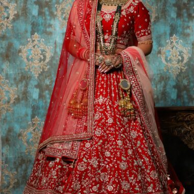 Traditional Crimson Red & Peach Bridal Lehenga with Double Dupatta Styling
