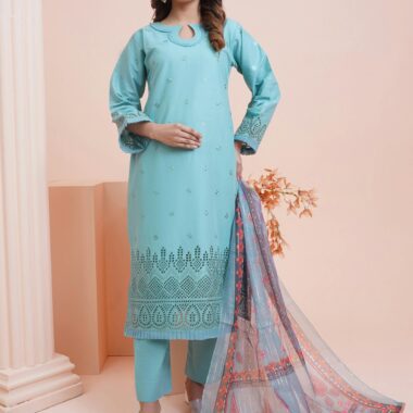 Chic Light Blue Embroidered Cotton Kurti & Salwar Set with Multi-color Dupatta