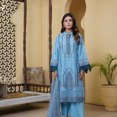 Elegant Sky Blue Embroidered Cotton Kurti & Palazzo Set with Printed Dupatta
