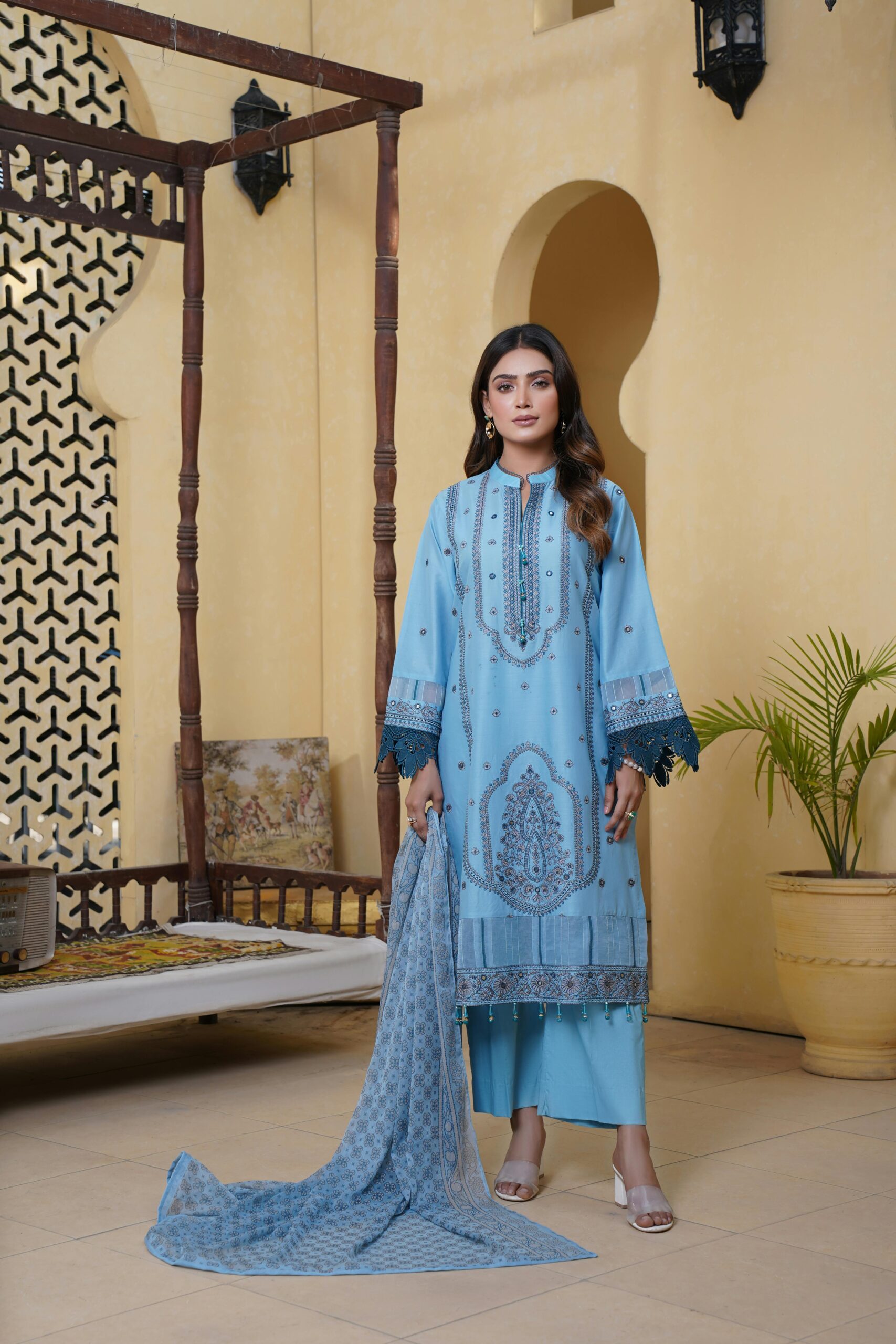 Elegant Sky Blue Embroidered Cotton Kurti & Palazzo Set with Printed Dupatta