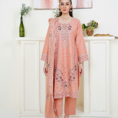Elegant Peach Embroidered Cotton Kurti & Pant Set with Cutwork Dupatta