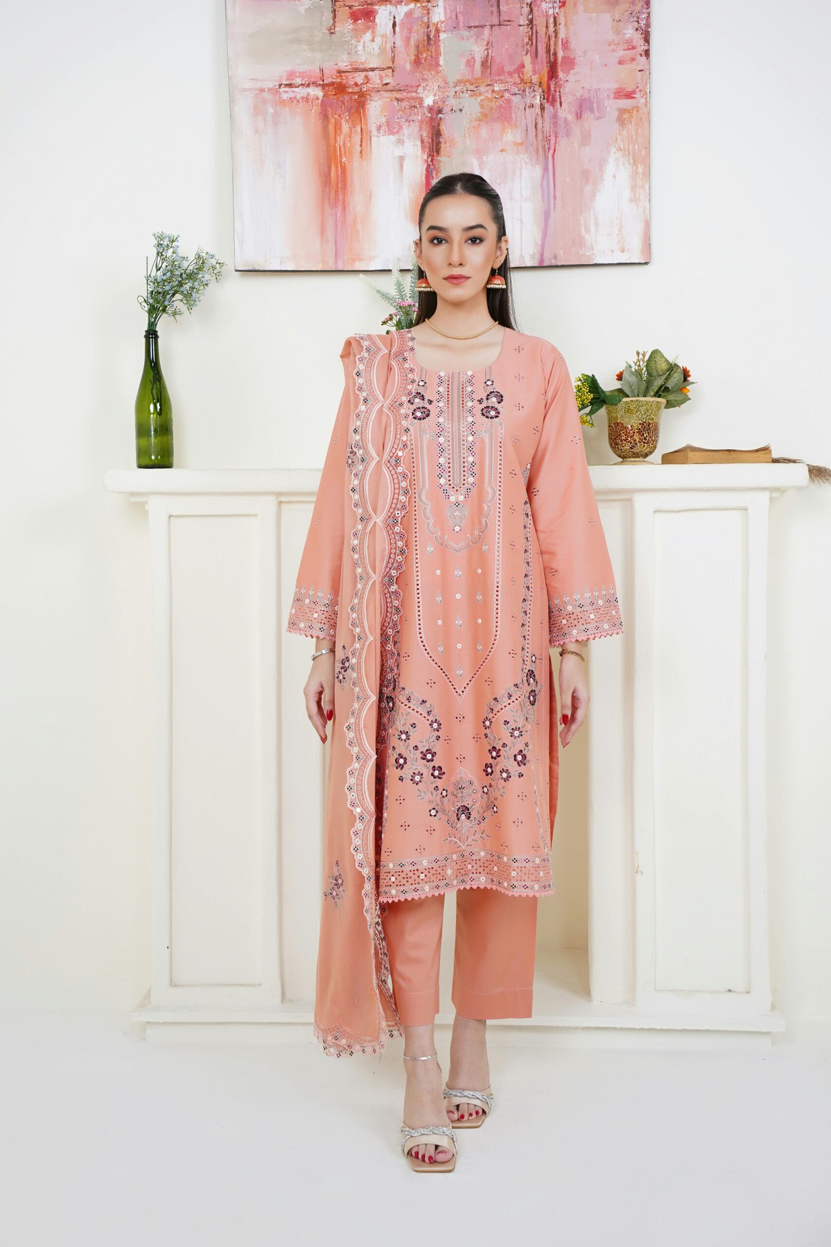 Elegant Peach Embroidered Cotton Kurti & Pant Set with Cutwork Dupatta